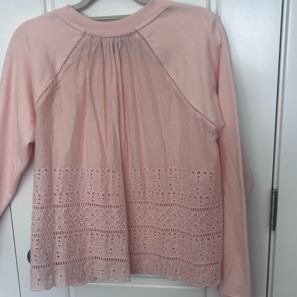 J. CREW Embroidered Lace Eyelet Back Crew Neck Sweatshirt Blush Pink Small